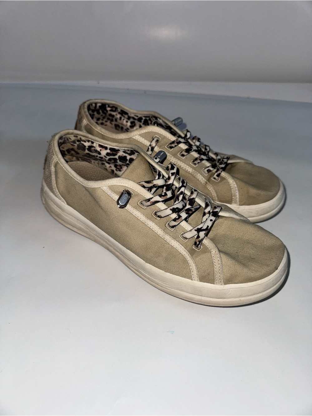 Hey Dude Beige Canvas Sneakers with Leopard-Print Lining